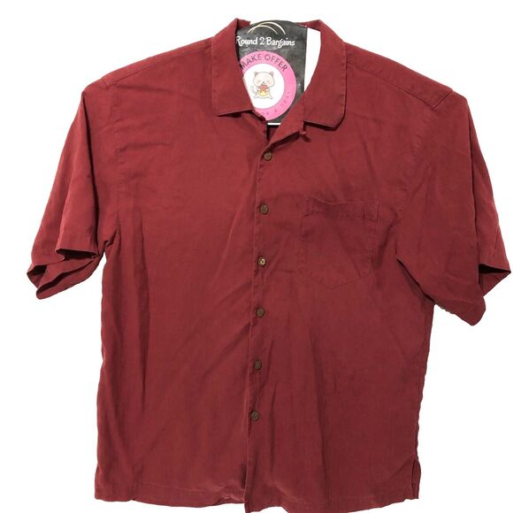 Seven Palm Button Shirt Mens L Red Silk Hawaiian cut Short sleeve - Picture 1 of 8
